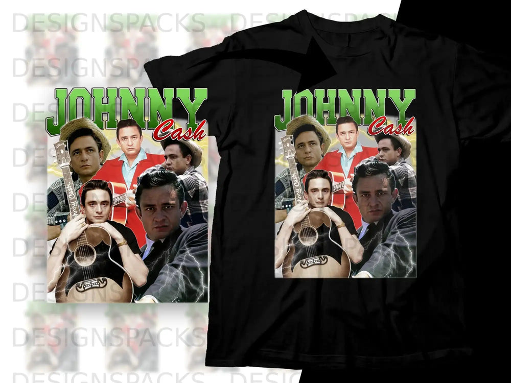Johnny Cash t-shirt design with multiple portraits and guitar.