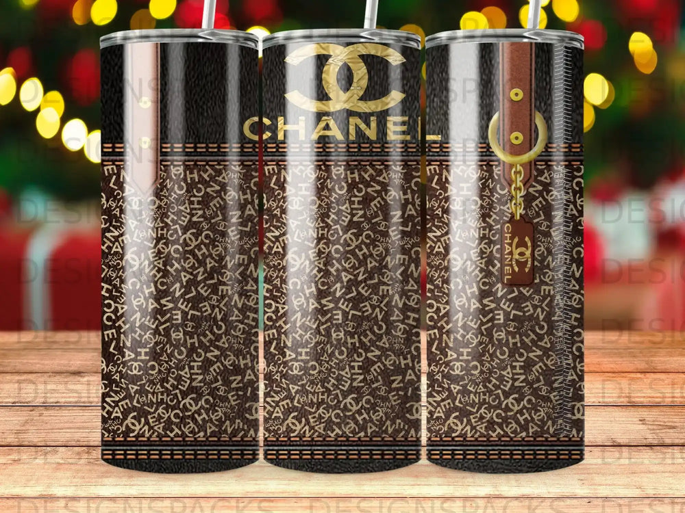 Chanel logo and repeating monogram pattern on three tumblers.