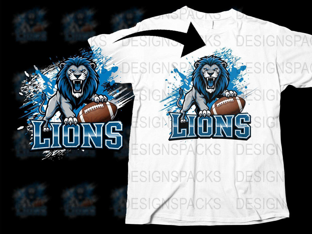 Lion Graphic T-Shirt, Football Theme Sports Tee, Blue and White Men's Fashionable Casual Wear