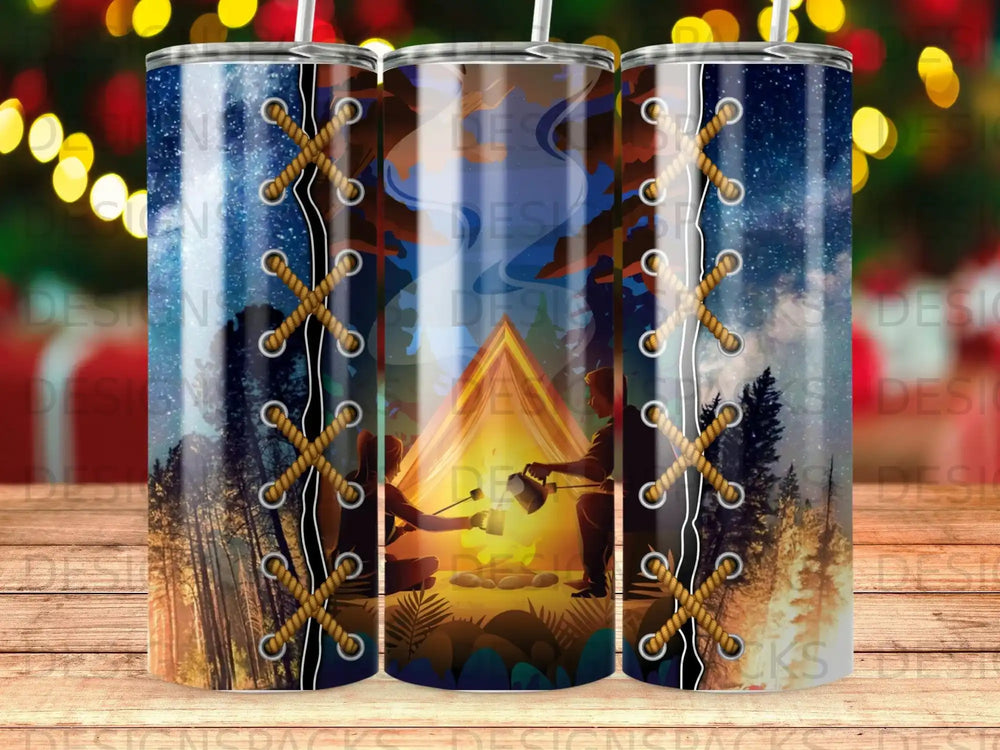 Campfire scene with starry sky and lacing detail on a tumbler.