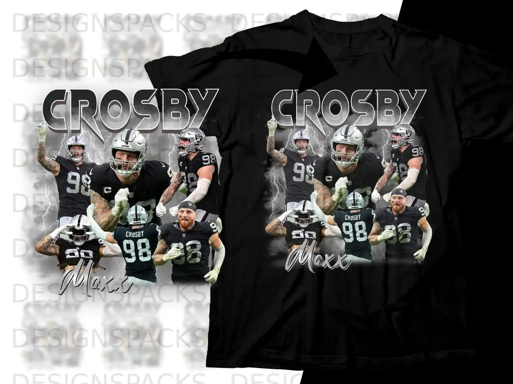Black t-shirt with multiple images of Raiders player Maxx Crosby.