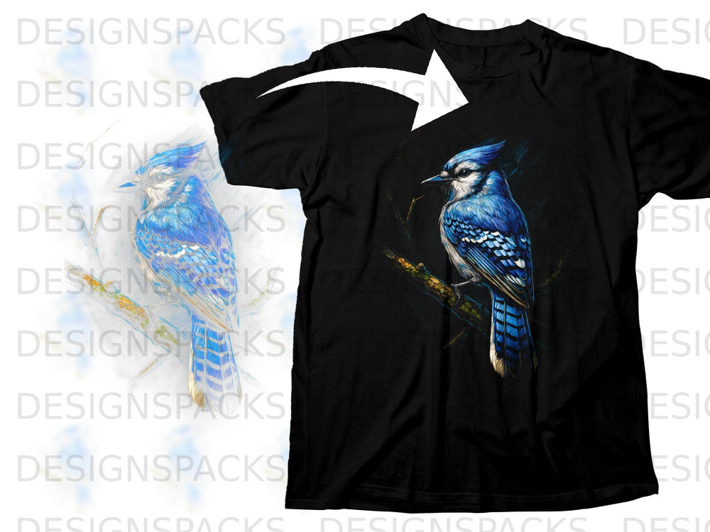 Black t-shirt with a vibrant blue jay perched on a branch graphic.