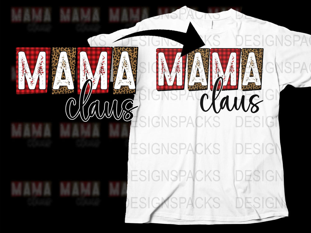 Mama Claus Leopard Print Christmas T-Shirt, Holiday Graphic Tee for Moms, Festive Family Apparel