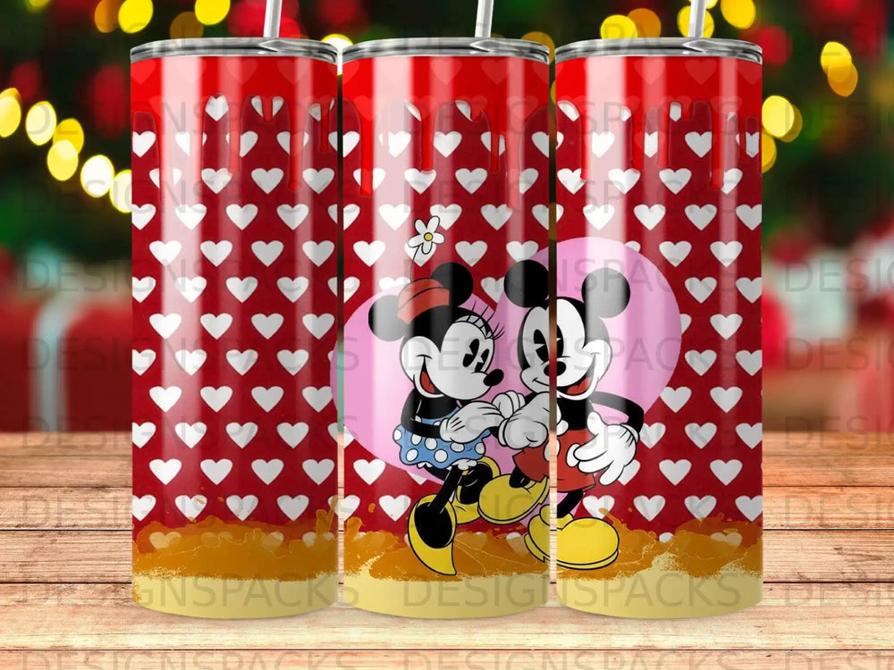 Minnie and Mickey Mouse couple design on a red background with hearts.