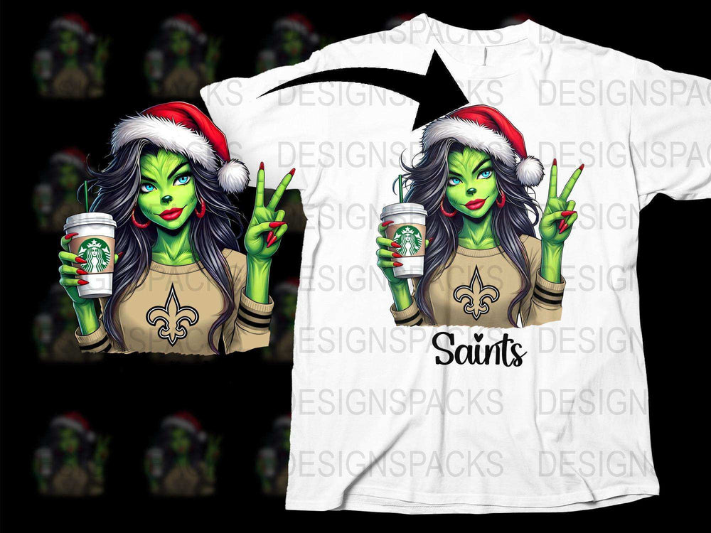 Festive Christmas T-Shirt with Green Monster, Santa Hat, Coffee Cup Design - Holiday Apparel