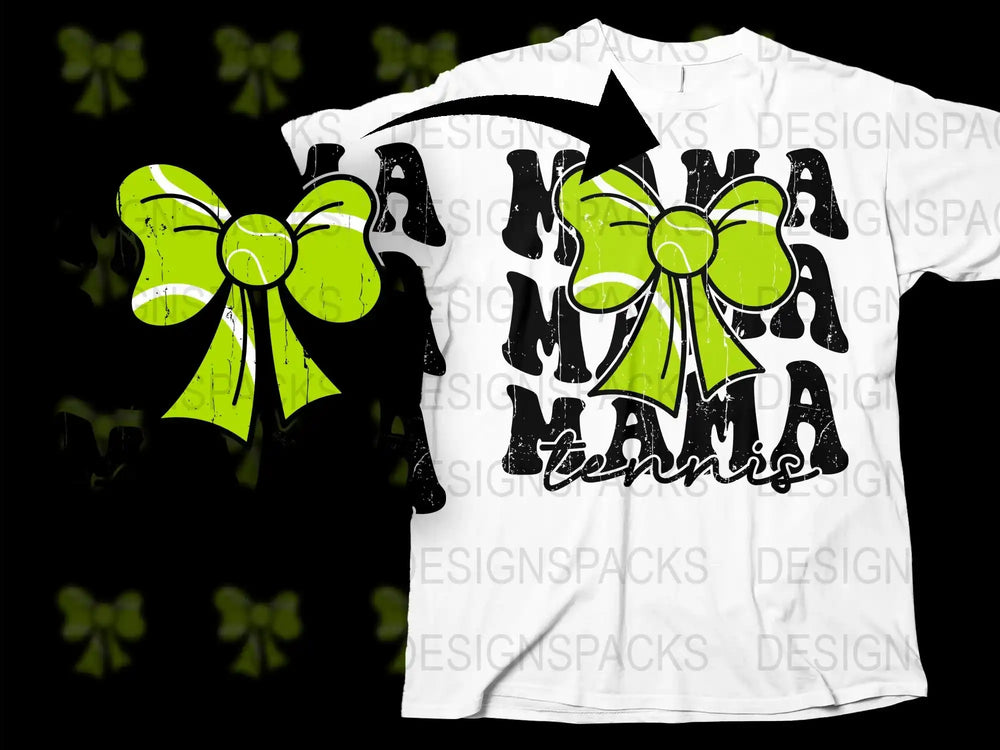 Neon Green Bow MAMA Tennis T-Shirt, Sporty Casual Women's Graphic Tee, Trendy Athletic Apparel