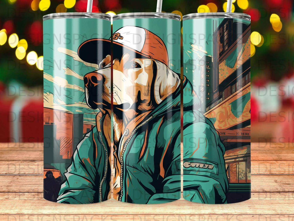Dog wearing a baseball cap and jacket in front of a city building.