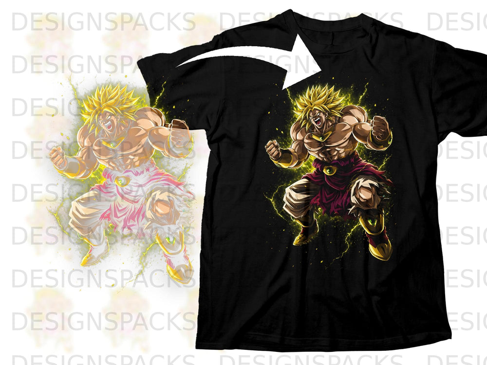 Black t-shirt featuring anime character Broly with yellow aura and lightning effects.