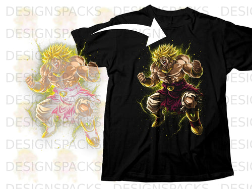 Black t-shirt featuring anime character Broly with yellow aura and lightning effects.