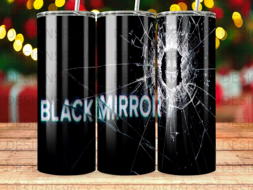 Black Mirror tumbler with cracked glass design.