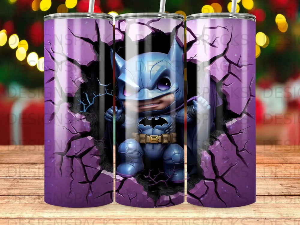 Batman breaking through a cracked purple background.