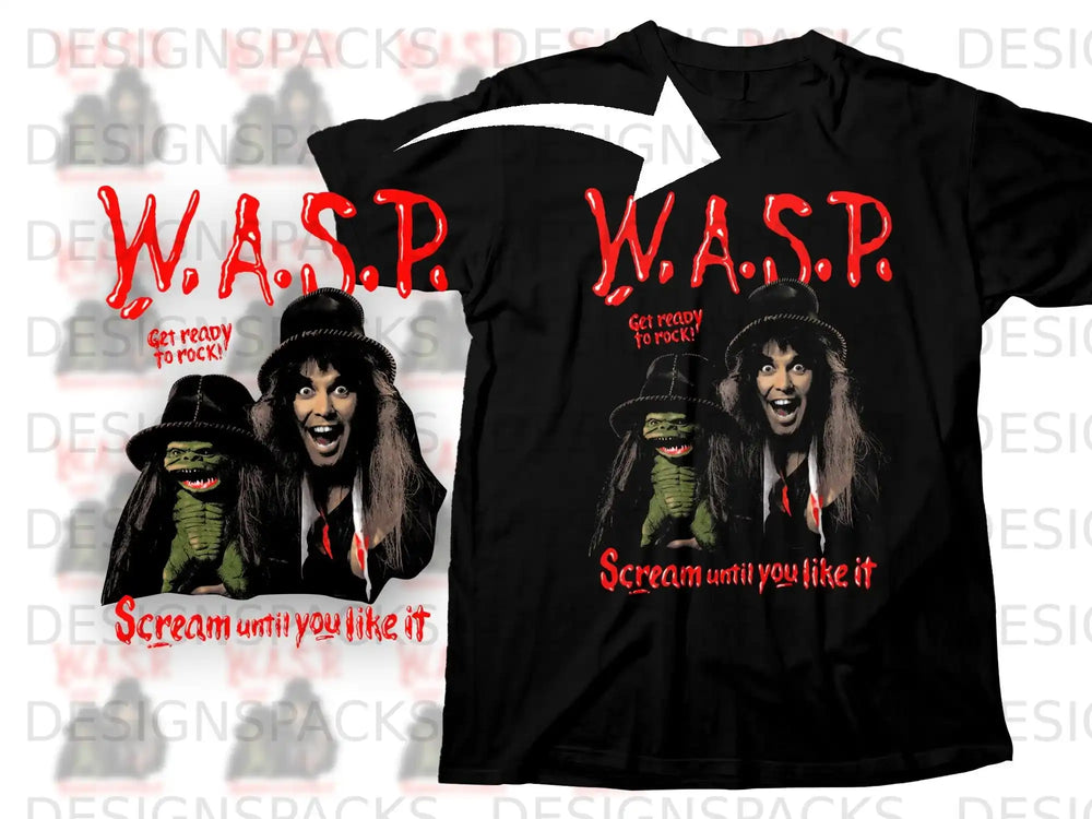 Black t-shirt with W.A.S.P. logo and graphic of lead singer with puppets.
