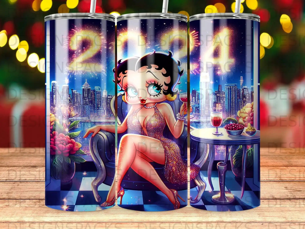 Betty Boop sitting in a chair with a drink, city skyline in the background.