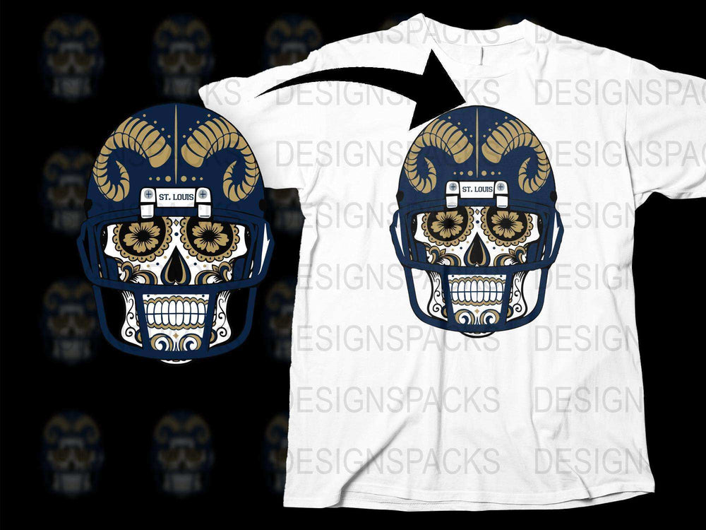 St. Louis Themed Sugar Skull T-Shirt, Blue and Gold Graphic Tee, Unique Dia de los Muertos Design