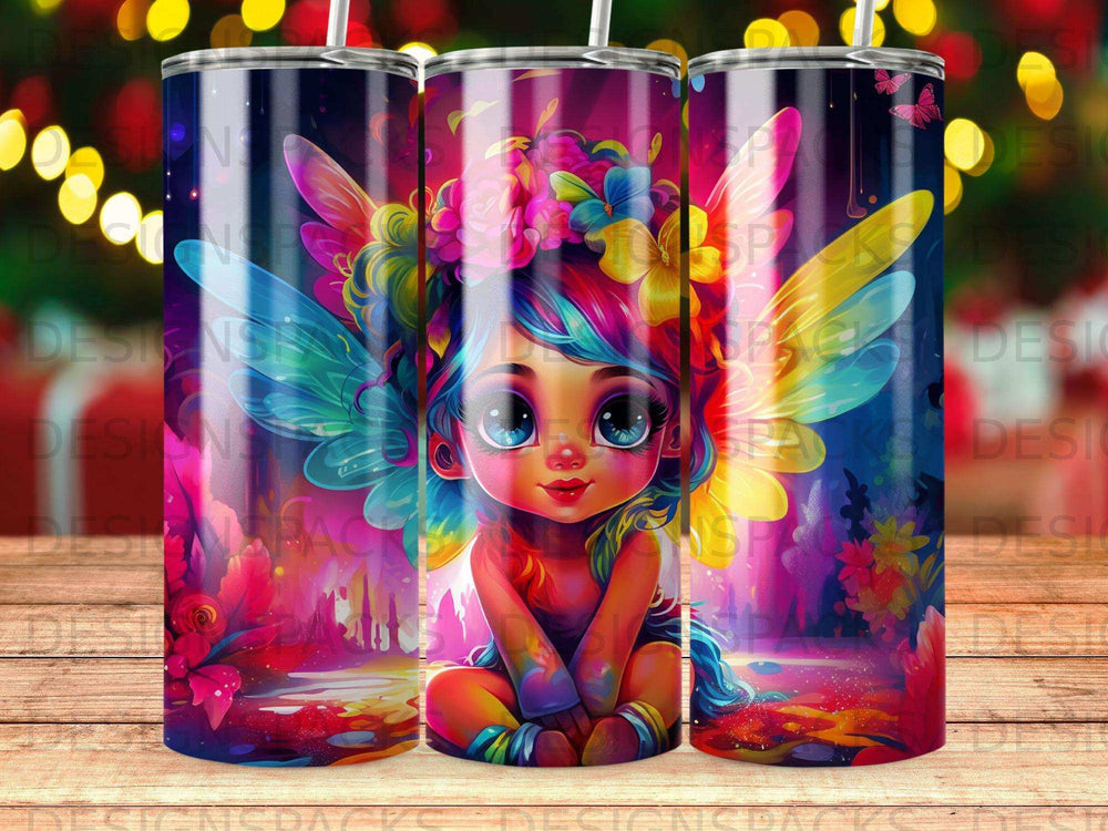 Fairy child with vibrant wings sits amidst colorful flowers and glowing lights.