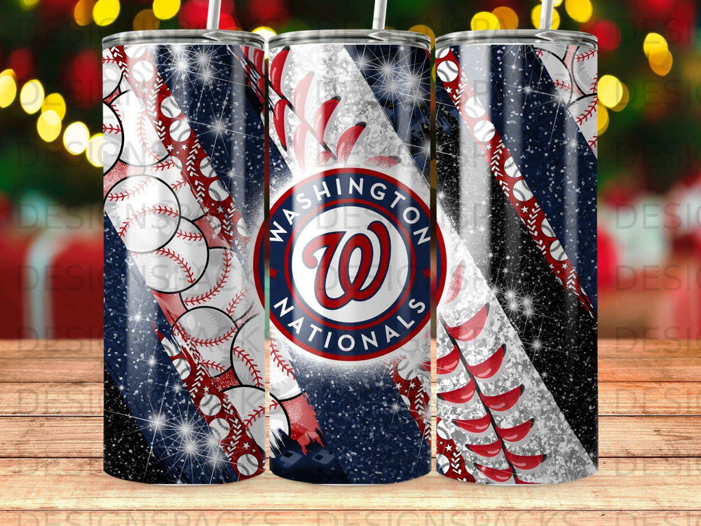 Washington Nationals baseball tumbler with stars and glitter.