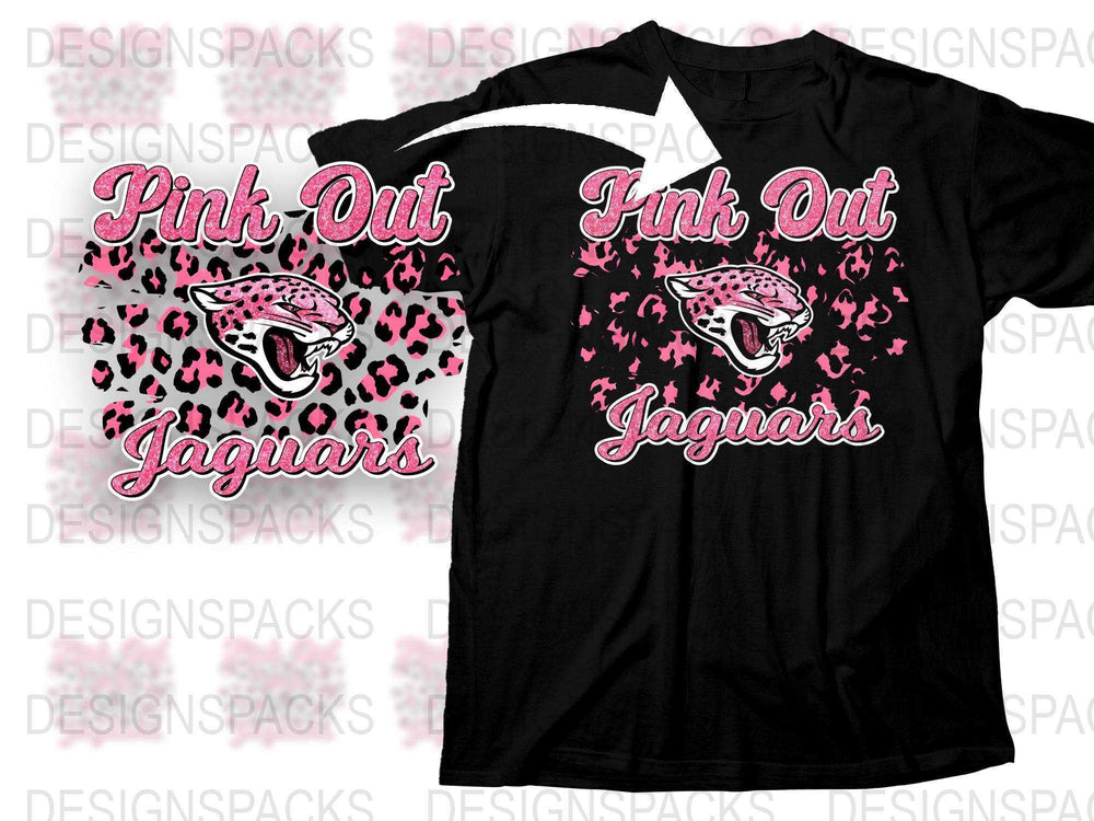 Pink Out Jaguars T-Shirt, Black Cotton Tee, Athletic Team Support, Heart Pattern, Sports Event Apparel
