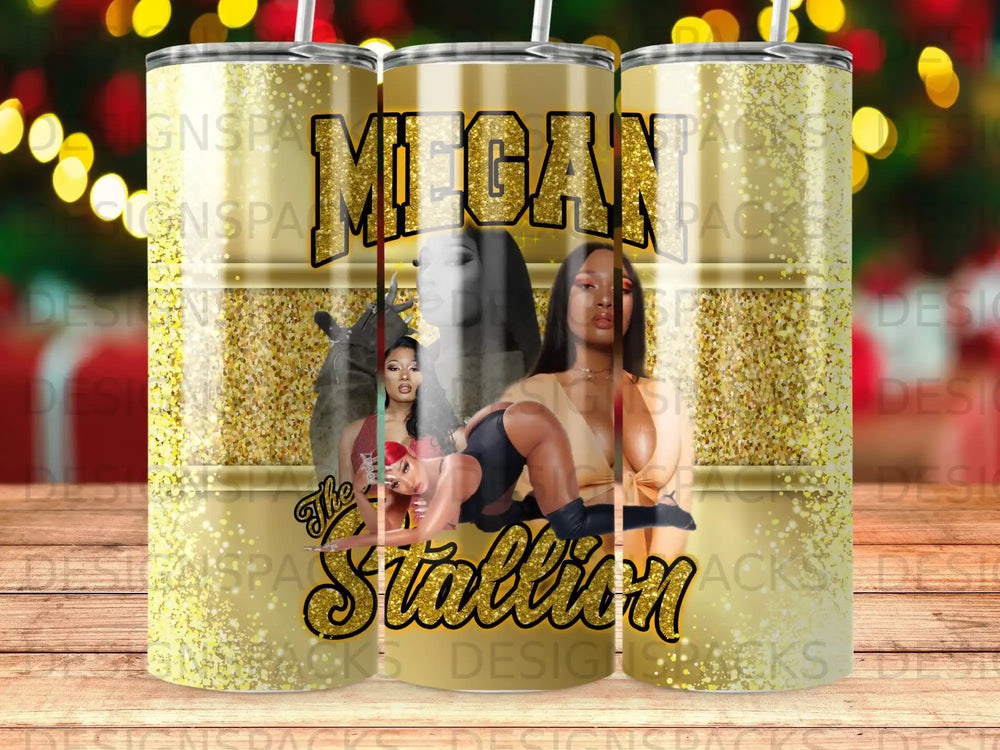 Megan Thee Stallion on a gold glitter tumbler with repeating text.