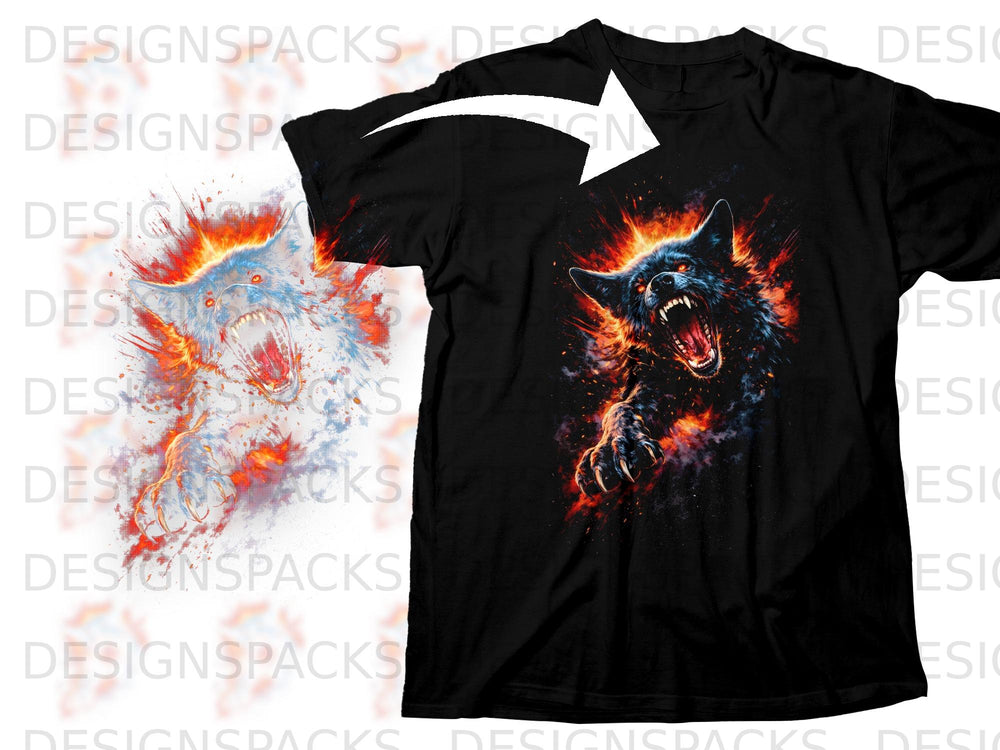 Black t-shirt with fiery wolf graphic, showing a snarling wolf with glowing eyes.