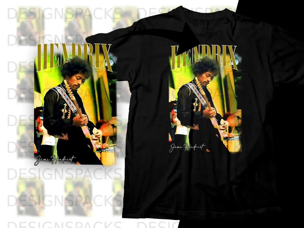 Jimi Hendrix playing guitar on a black t-shirt.