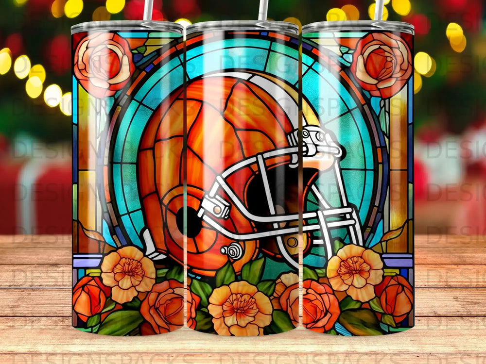Football helmet with floral stained glass and roses.