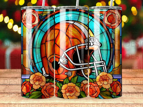 Football helmet with floral stained glass and roses.