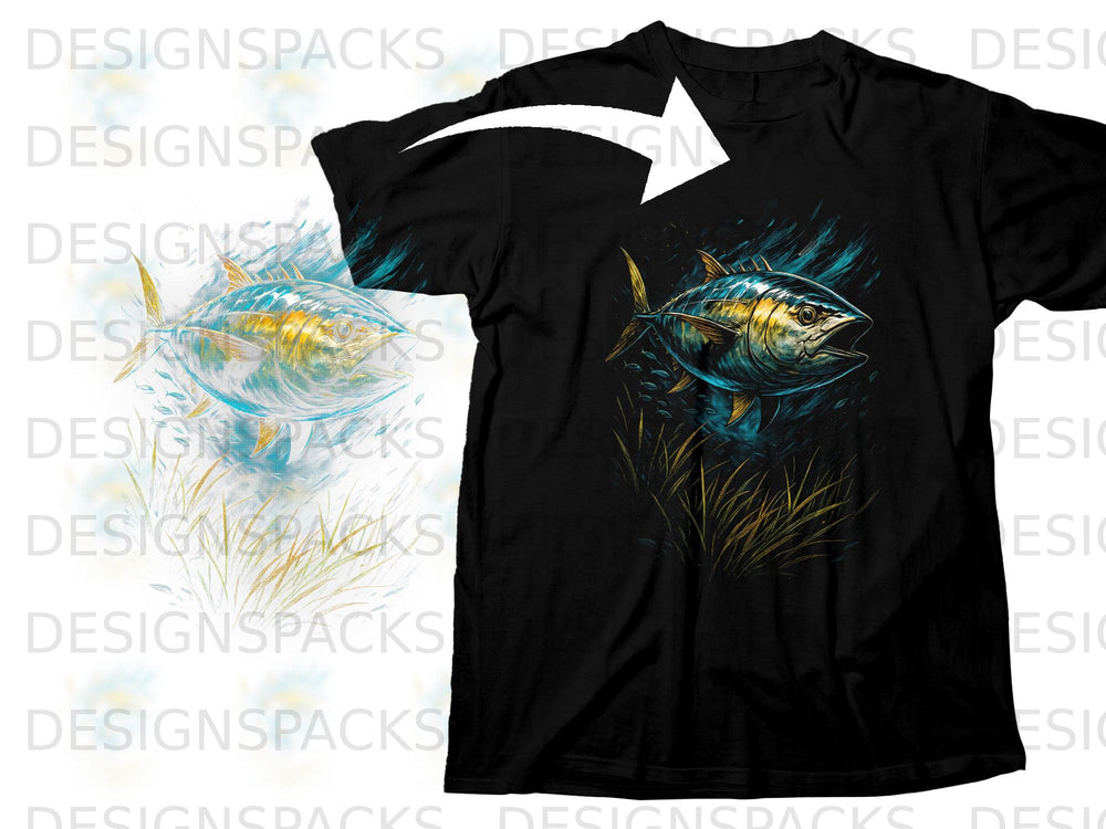 Black t-shirt with a detailed graphic of a tuna fish swimming.