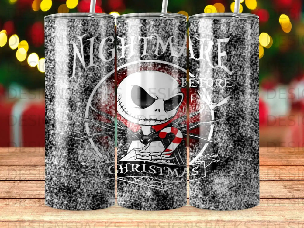 Nightmare Before Christmas tumbler with Jack Skellington and candy cane design.