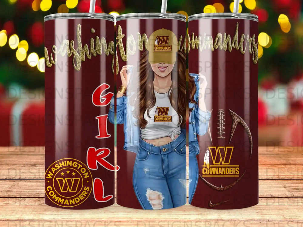 Washington Commanders logo and football girl design on a tumbler.