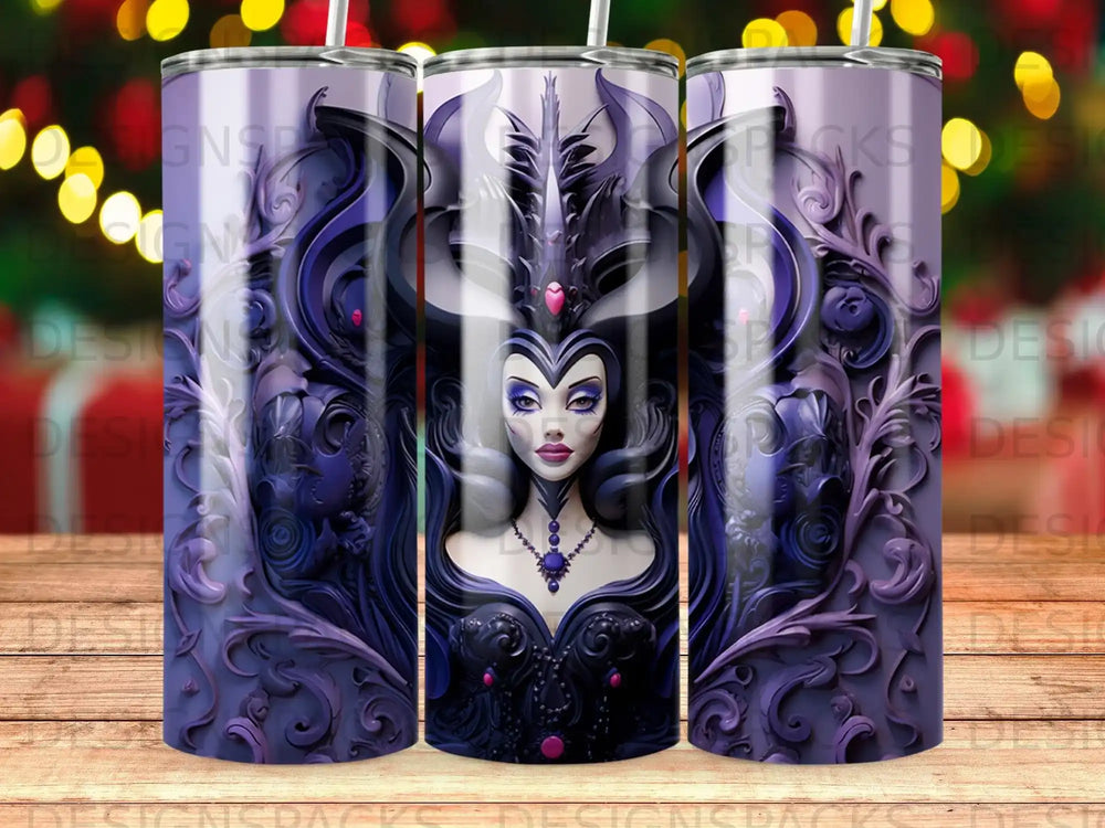 Evil queen illustration on a purple and black patterned tumbler.
