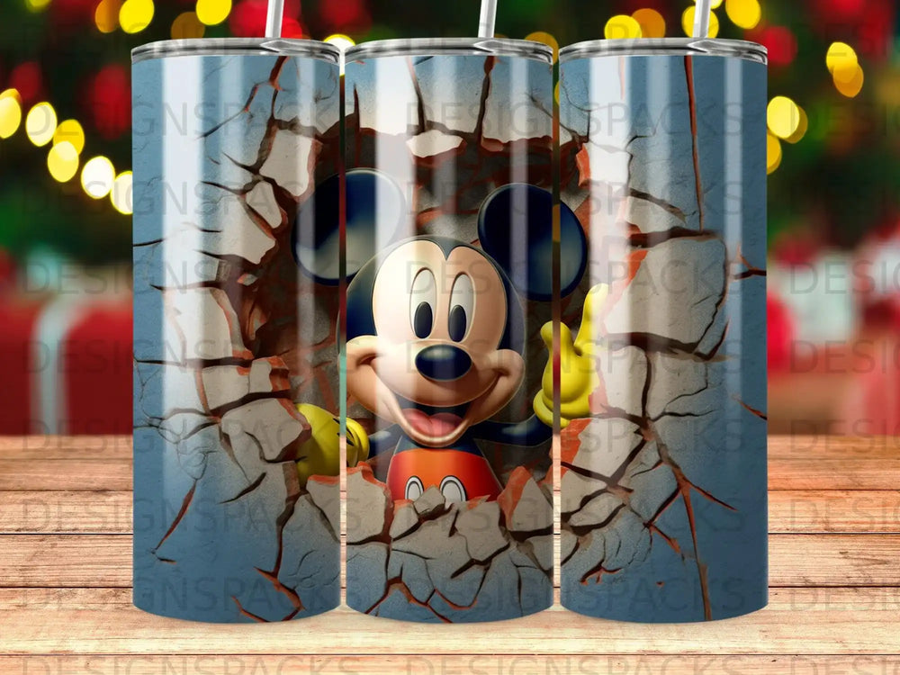 Mickey Mouse peeking through a cracked wall on a blue tumbler.