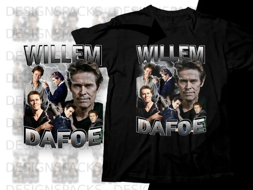 Willem Dafoe collage portrait on a black t-shirt.