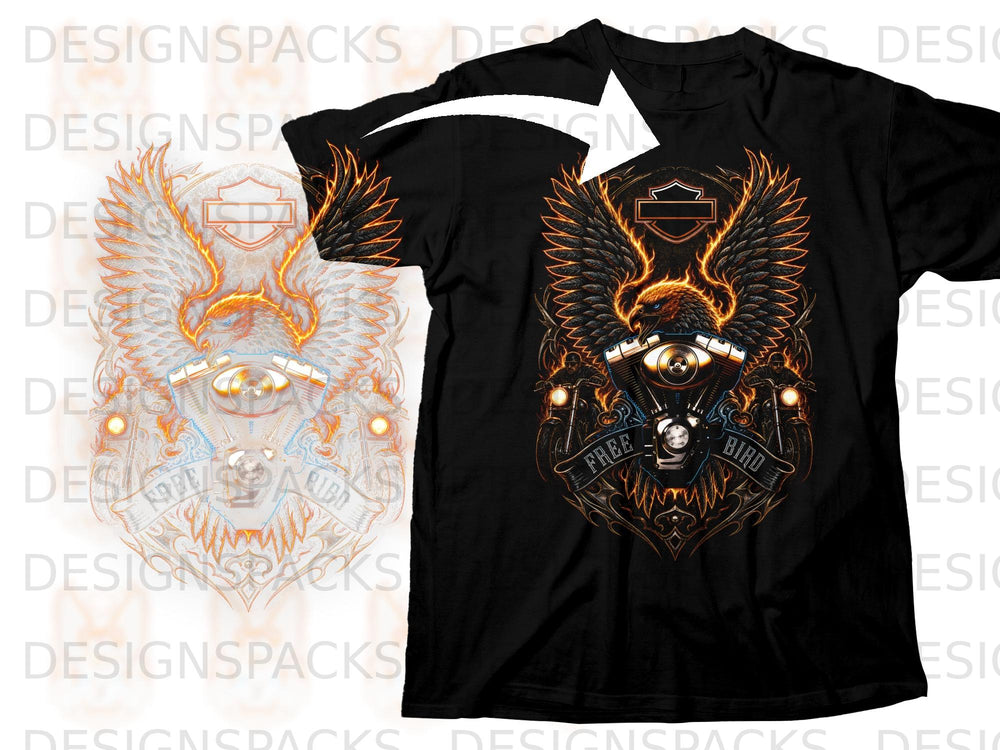 Black t-shirt with eagle, motorcycle, and "FREE BIRD" text graphic.