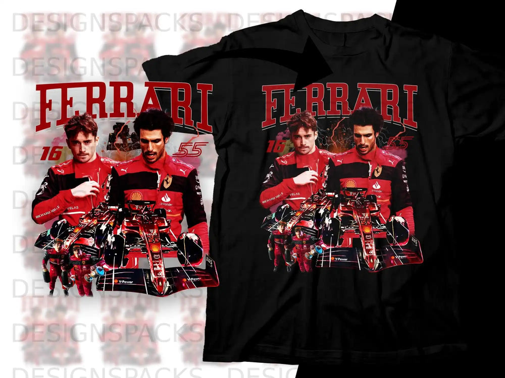 Ferrari racing team drivers and race cars on a black t-shirt graphic.