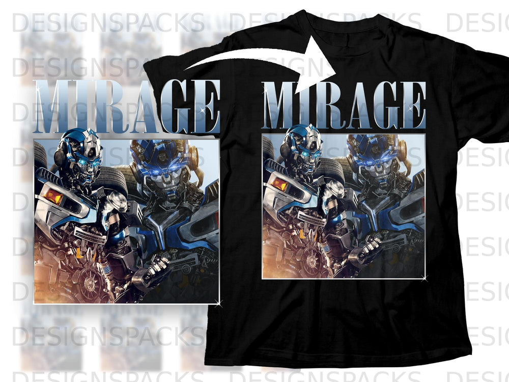 Black t-shirt with a graphic of two robots and the text "MIRAGE".