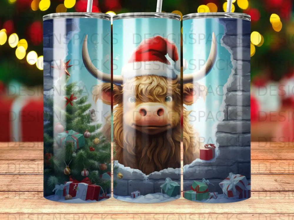 Highland cow in Santa hat with Christmas tree and gifts.