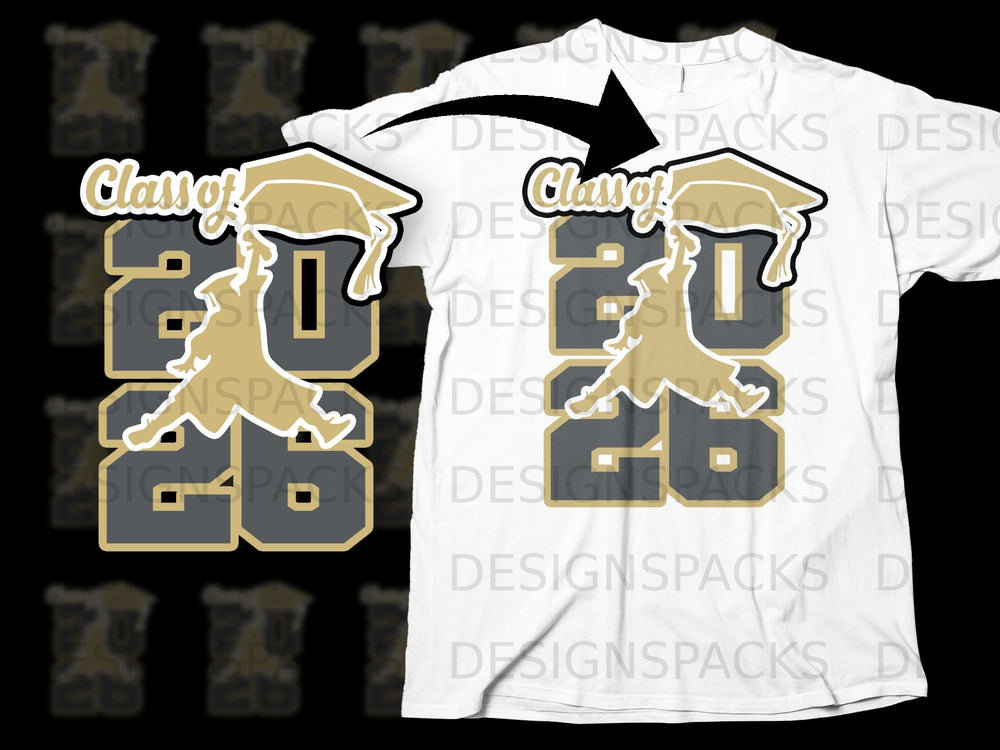 "Class of 2026" graphic with graduation cap and diploma on a white t-shirt.