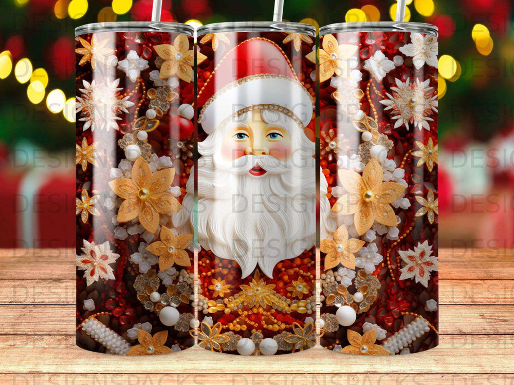 Santa Claus tumbler with festive floral and jewel embellishments.