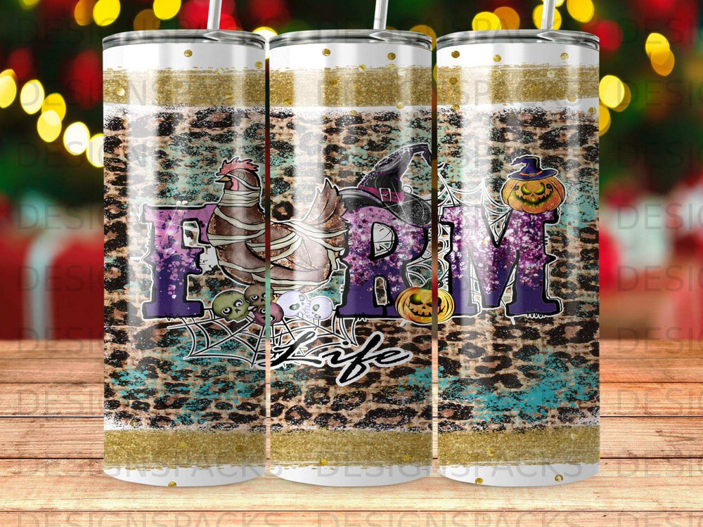 Farm Life tumbler design with chicken, pumpkin, witch hat, and leopard print.