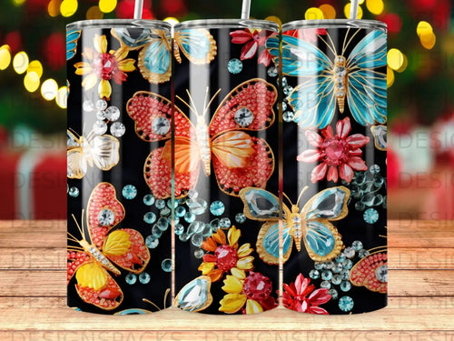 Black tumbler with vibrant butterflies and jeweled floral accents.