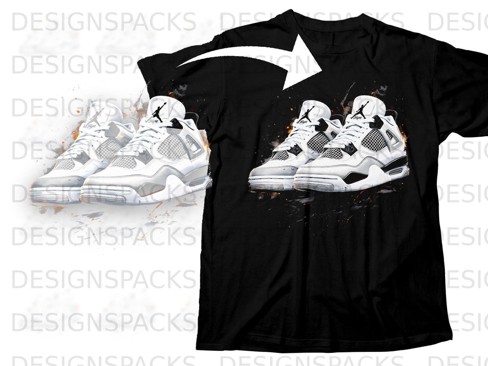 Black t-shirt with graphic of white Air Jordan sneakers with orange paint splatters.