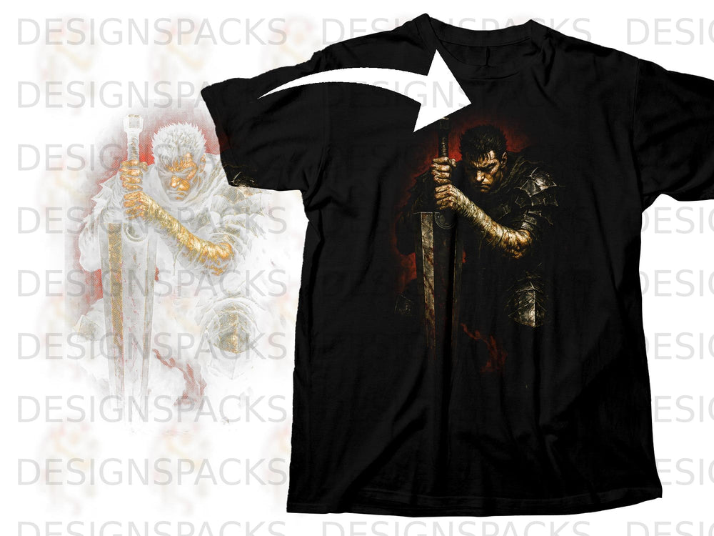 Black t-shirt featuring artwork of a character from Berserk holding a large sword.