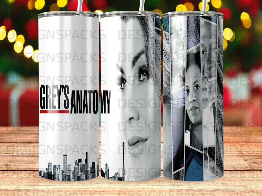 Grey's Anatomy tumbler featuring main cast faces and city skyline.