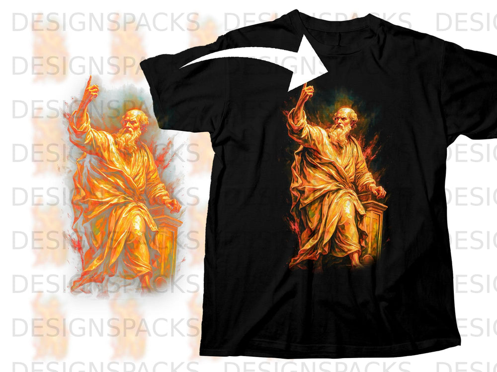 Black t-shirt with a golden-robed figure pointing upwards, set against a fiery background.