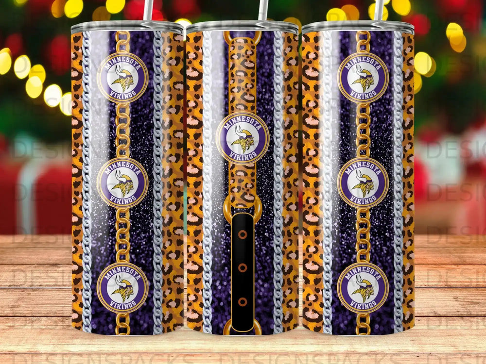 Minnesota Vikings tumbler with leopard print and gold chain design.