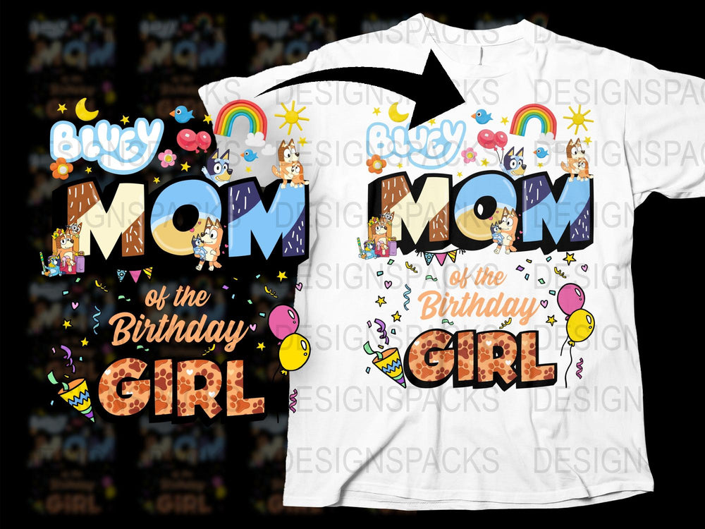 Mom of the Birthday Girl T-Shirt, Cute Cartoon Graphics, Colorful Party Tee, Personalized Family Celebration Top
