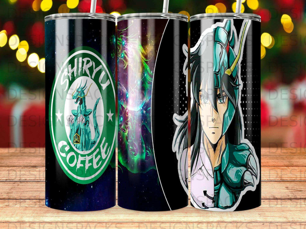 Starbucks logo and Shiryu from Saint Seiya on a tumbler.