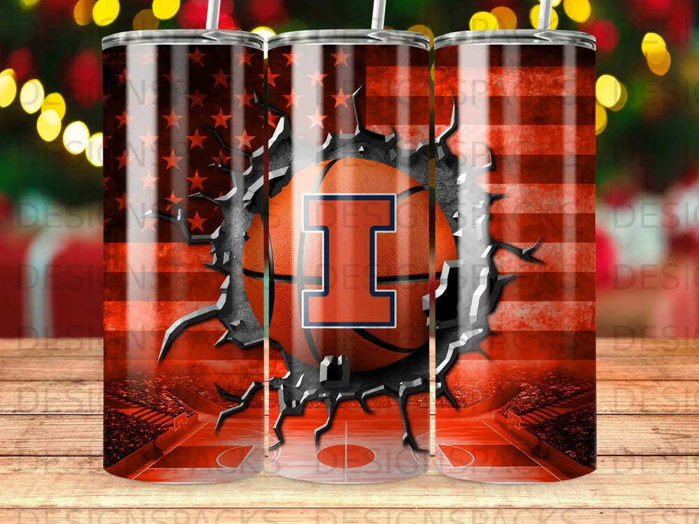 Illinois "I" logo on cracked American flag with basketball court background.