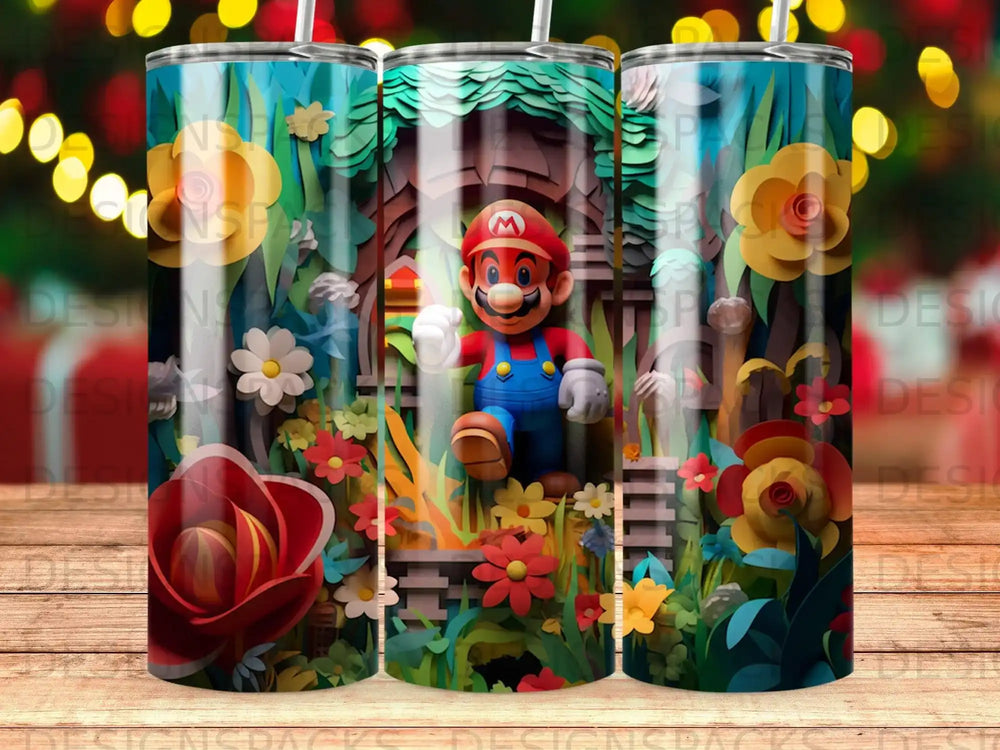 Mario character in a floral forest setting on a tumbler.