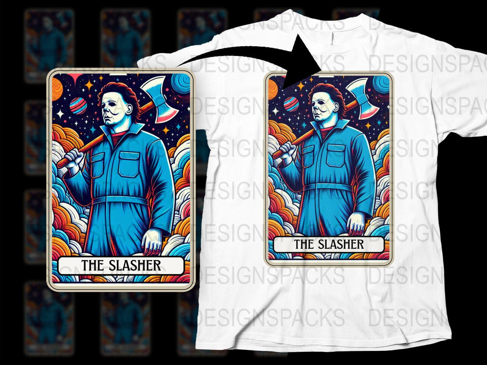Vintage Horror Movie T-Shirt, The Slasher Graphic Tee, Cosmic Background, Halloween Apparel